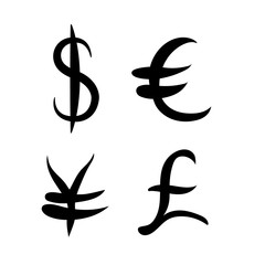 Black set of main currency signs. Signs of dollar and yen, euro and pound on white background. Vector illustration