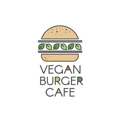 Vector Flat Icon Style Illustration Logo for Vegan or Vegetarian Burger Grill Cafe or Restaurant, Vegan Burger with Fresh Salad and Organic Vegetables 