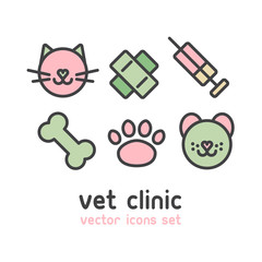 Vector Icon Style Logo illustration Set for Veterinary Clinic Dog or Cat Care, Pet Care, Vet Center, Dog Shop. Simple Flat Icons with Dog, Cat, Pink Pad, Bone, Syringe and Plaster