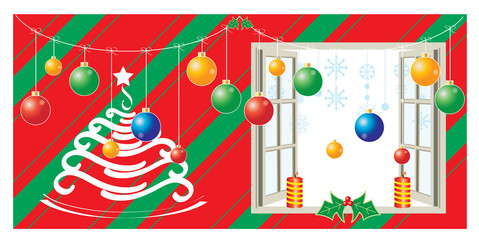 Green and red background with Christmas decoration.