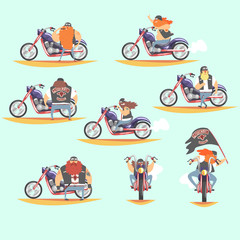 Outlaw Biker Club Members On Heavy Choppers With Leather Vests And Long Beards Set Of Cartoon Characters