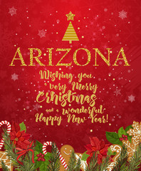 Arizona Merry Christmas and a Happy New Year greeting vector card on red background with snowflakes.