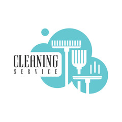 House And Office Cleaning Service Hire Logo Template With Broom And Mop For Professional Cleaners Help For The Housekeeping