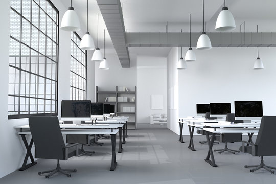 3D Rendering : illustration of modern interior white office of Creative designer desktop with PC computer.computer labs.working place of graphic design.close-up.Mock up