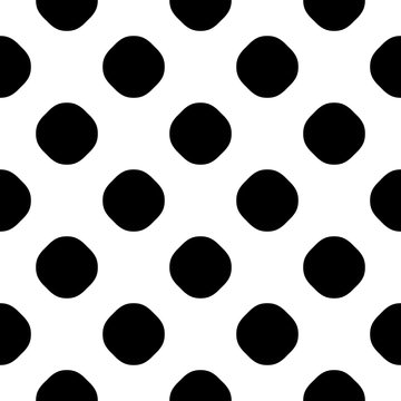 Vector seamless pattern, polka dot texture, rounded geometric figures, black & white backdrop. Simple monochrome texture, abstract endless background. Design element for prints, textile, decoration