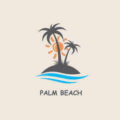 illustration of label with palm tree silhouette on island