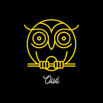 bstract yellow line round owl icon on black background. Vector illustration.