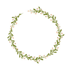 Beautiful handsketched mistletoe wreath. Seasonal decoration.