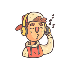 Listening To Music Boy In Cap And College Jacket Hand Drawn Emoji Cool Outlined Portrait