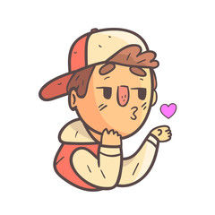Kissing Boy In Cap And College Jacket Hand Drawn Emoji Cool Outlined Portrait