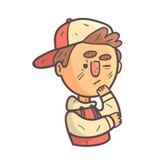 Thinking Boy In Cap And College Jacket Hand Drawn Emoji Cool Outlined Portrait