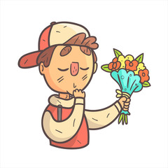 Feeling Shy Giving Flowers Boy In Cap And College Jacket Hand Drawn Emoji Cool Outlined Portrait