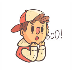 Impressed Boy In Cap And College Jacket Hand Drawn Emoji Cool Outlined Portrait