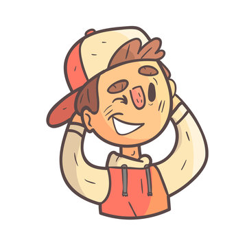 recommend clip art: Winking Boy In Cap And College Jacket Hand Drawn Emoji Cool Outlined Portrait