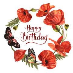 Wildflower poppy flower wreath in a watercolor style isolated.