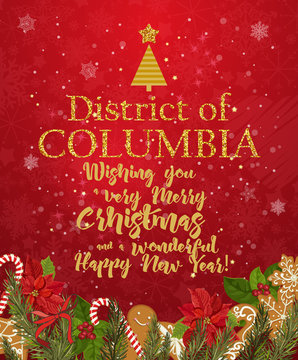 District of Columbia Merry Christmas and a Happy New Year greeting vector card on red background with snowflakes.