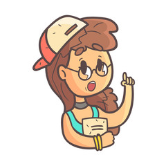 Smart Girl In Cap, Choker And Blue Top Hand Drawn Emoji Cool Outlined Portrait