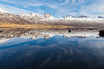 Icelandic mountains with the amazing lagoon in winter