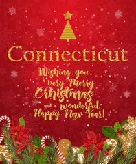 Connecticut Merry Christmas and a Happy New Year greeting vector card on red background with snowflakes.
