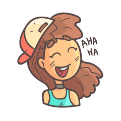 Laughing Girl In Cap, Choker And Blue Top Hand Drawn Emoji Cool Outlined Portrait
