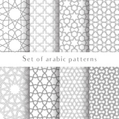 Set of symmetrical abstract vector Islamic traditional background in arabian style made of emboss geometric shapes.