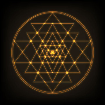 Sri Yantra - symbol of formed by nine interlocking triangles that radiate out from the central point. Sacred geometry.