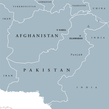 Afghanistan and Pakistan political map with capitals Kabul and Islamabad, national borders and neighbor countries, located in Asia. Gray illustration with English labeling on white background. Vector.