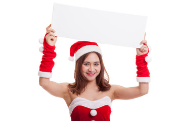 Asian Christmas Santa Claus girl  with blank sign.