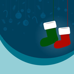 christmas socks with christmas ball and snowflakes on blue backg