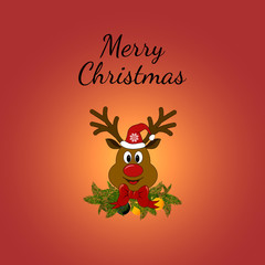 Christmas Greeting Card with Rudolph. Vector illustration. Rudolph the Red-Nosed Reindeer with fire branches and red bows.