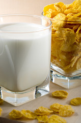 Glass of milk and cornflakes for cooking