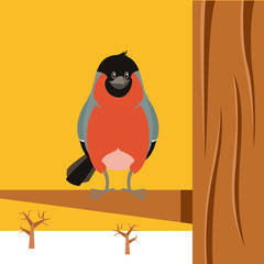 Happy Bullfinch on the Tree winter flat background