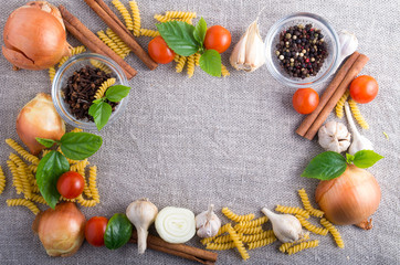 Ingredients and spice for food at the kitchen with a blank space