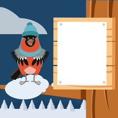 Happy Bullfinch with Hat on the winter background