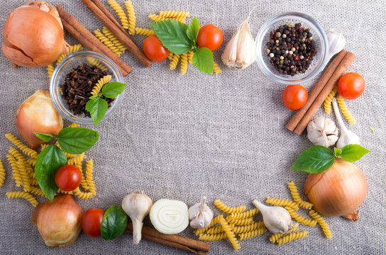 Ingredients and spice for food at the kitchen with a blank space