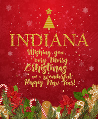 Indiana Merry Christmas and a Happy New Year greeting vector card on red background with snowflakes.