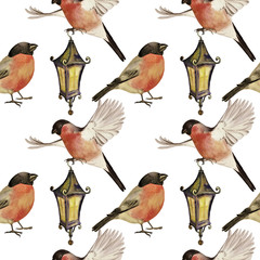Watercolor seamless pattern of bullfinches and lantern