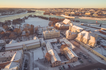 Aerial image of Kaunas old town, Lithuania. Winter sunset scene