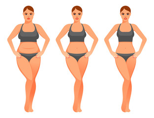 Illustration of pretty woman before and after diet