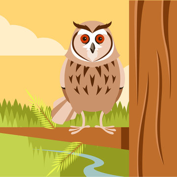 Happy Owl on the Tree flat background