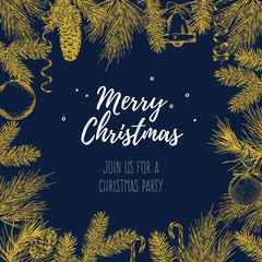 Obraz premium Vintage design for greeting card or invitation for Christmas celebration. Vector frame with hand drawn elements: branches of spruce and pine, cones, streamers, bell, bow, Christmas ball.