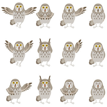 Set of flat grey owl icons