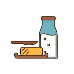 Dairy icon in line style design with butter on plate and glass bottle with milk, isolated vector illustration. Traditional and healthy products. Organic farming. Natural and healthy food