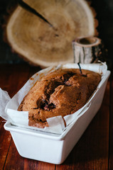 Chocolate cake with pears in the form of baking
