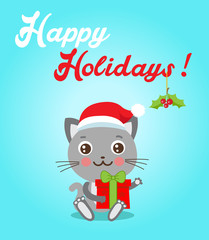 Fototapeta na wymiar Cat Cartoon Character For Christmas Vector Cards And Banners. Funny Kitty With Gifts And Santa Hat In Flat Style. Happy Holidays Postcard Design. Funny Cat.