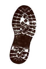 Dunkelbrauner Abdruck einer Schuhsohle mit grobem Profil, Fußspur