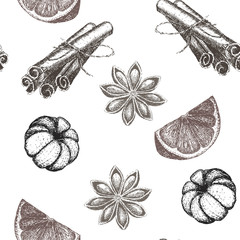 Pattern seamless, handdrawing sketch illustration. Vector orange, cinnamon and staranise