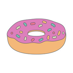 Donut with pink frosting. Tasty pastries. Vector illustration.