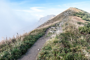 hiking trail to Hromove hill in autumn Mala Fatra mountains in Slovakia