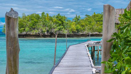 Pier of Bamboo Huts, Kordiris Homestay, Palmtree in Front, Gam Island, West Papuan, Raja Ampat, Indonesia